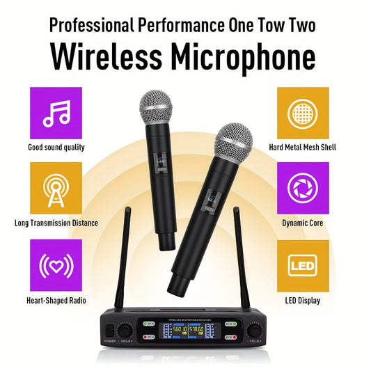 LMBGM Professional Wireless Microphone System with dual portable microphones, XLR connector, volume control, European power supply. Great for KTV, karaoke, stage performances. No batteries