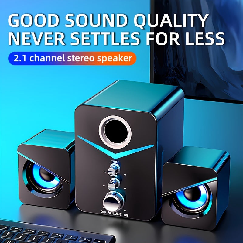 Desktop stereo speaker with LED lighting, compatible with devices with 3.5mm audio output.