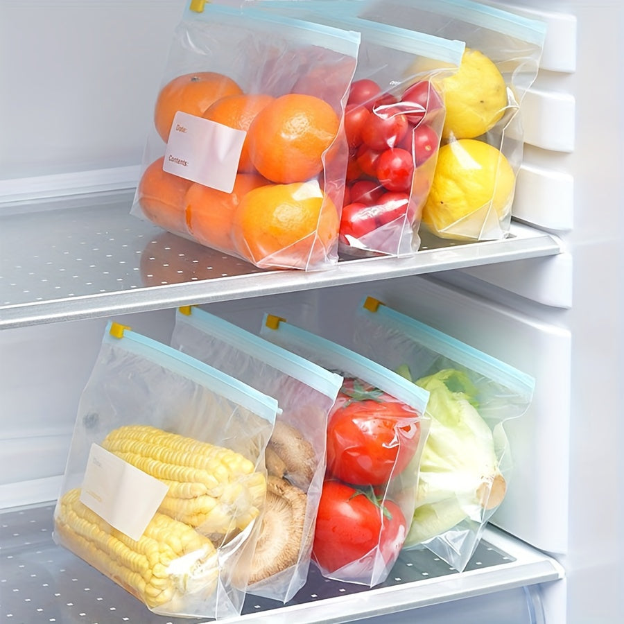 Set of 10 reusable kitchen storage bags featuring slide seal closures - ideal for storing food, snacks, and travel essentials. Made from durable plastic, these bags are perfect for organizing items in the fridge, freezer, pantry, and closet.