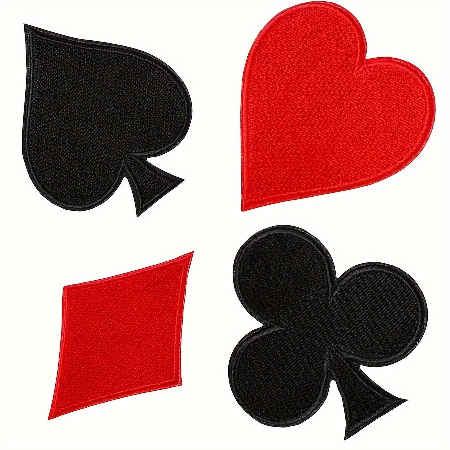 Set of 24 Iron-On Poker Patches for Halloween Costumes, Embroidered Polyester Patches featuring Red and Black Hearts, Spades, and Clubs, Ideal for Jeans, Hats, Bags, and Clothing