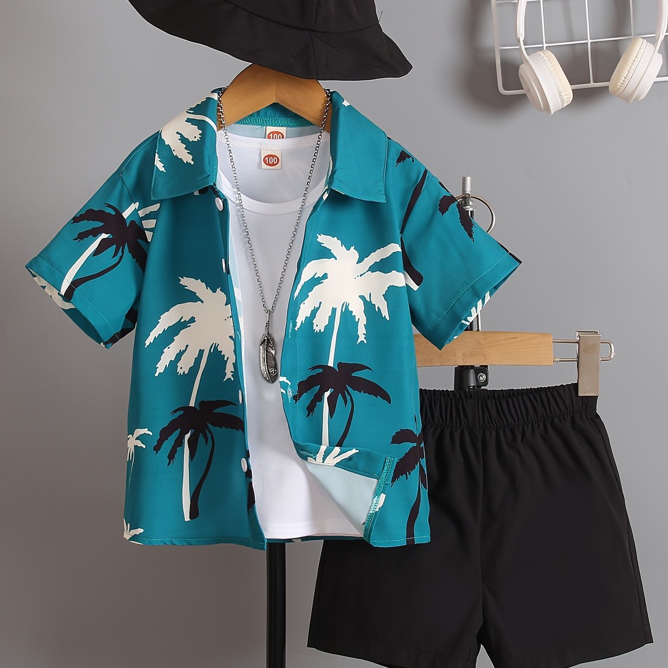 Boys' summer set with coconut tree design shirt, shorts, and hat for daily and outdoor wear