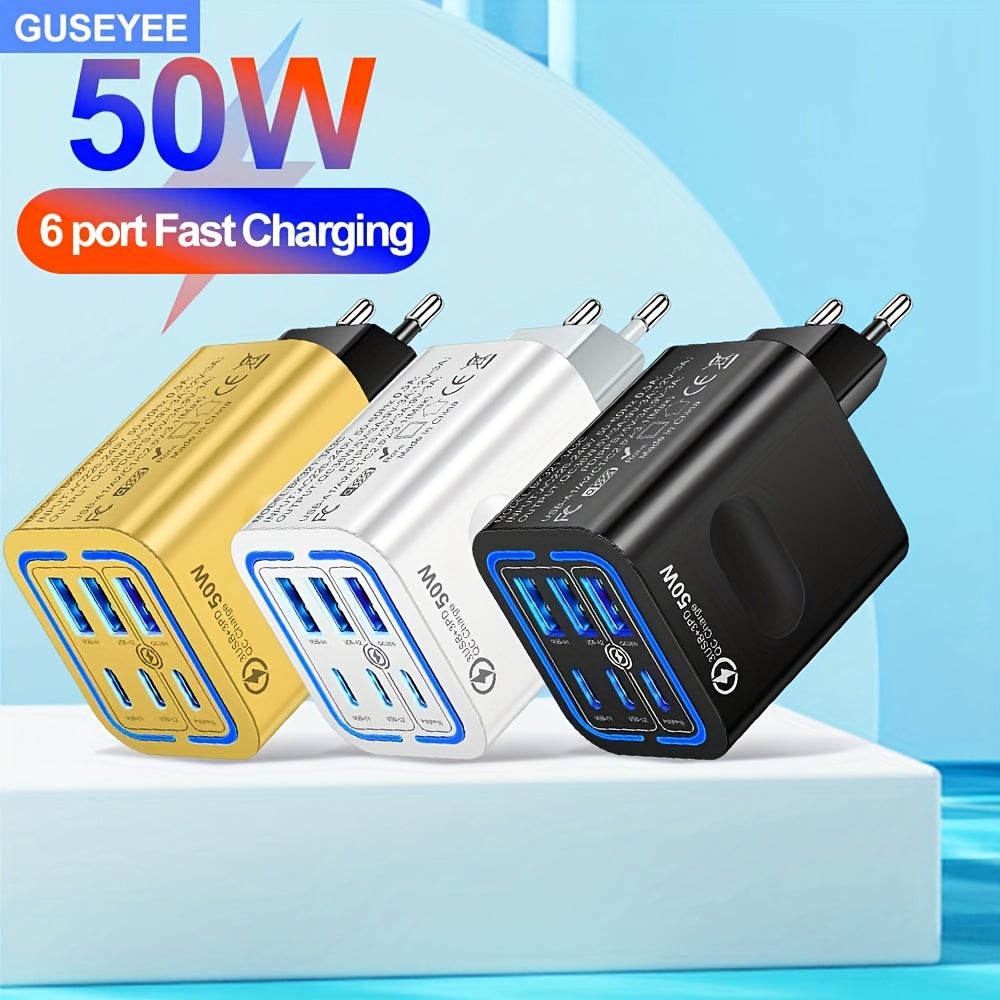 GUSEYEE 50W 6-Port USB C Quick Charger for iPhone and Samsung phones.