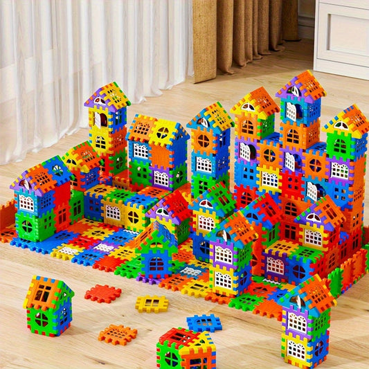 140-piece Educational DIY Construction Toy Set with Creative Cube Blocks, Windows & Walls, Large Size, Interlocking ABS Material, Ideal Birthday Gift for Ages 3-6.