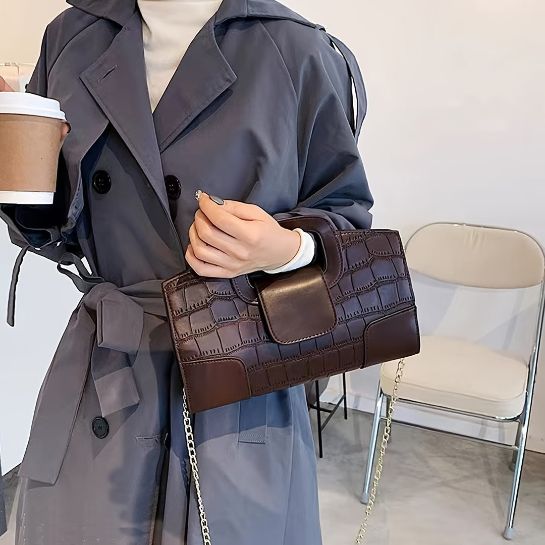 By 2025, the new brown crocodile pattern handbag will be a stylish and elegant crossbody bag for women, featuring a chain shoulder strap.