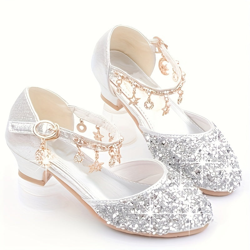 Girls' sparkling princess high heels with glittery golden sequin and rhinestone star design, perfect for weddings, performances, and formal events. Elegant ankle suspender dress shoes