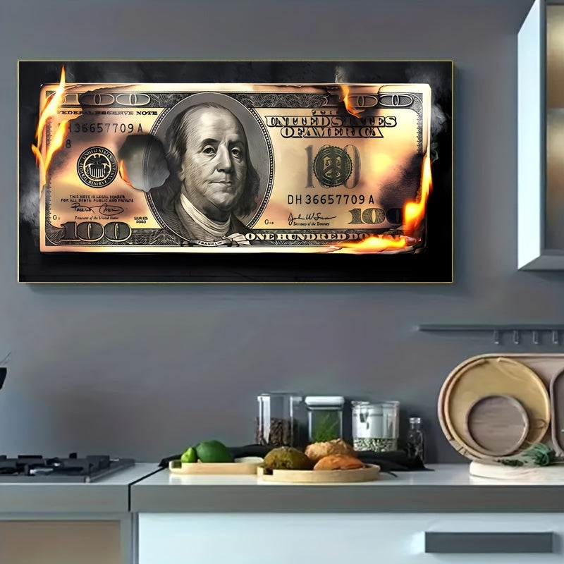 Flame Dollar Bill Art on Canvas, Unframed Indoor Decor for Various Spaces - Transverse Orientation