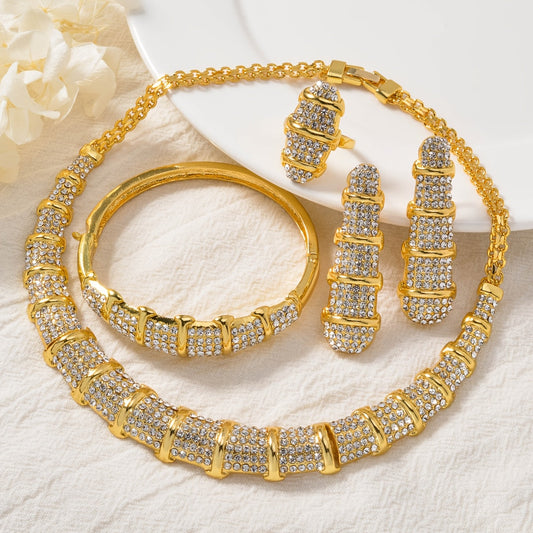 An elegant jewelry set designed for women, featuring a stunning bamboo-shaped necklace, bracelet, earrings, and ring. This four-piece set is perfect for sophisticated women attending weddings or as a luxurious holiday gift.