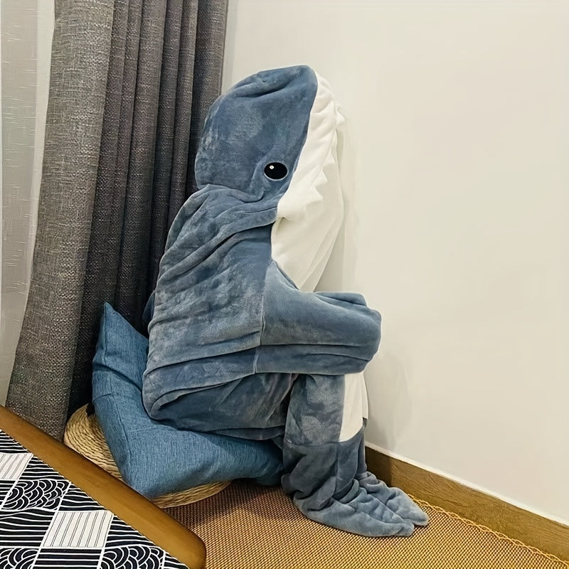 Soft and warm shark-shaped plush fleece sleeping bag, perfect for autumn and winter comfort. This cozy flannel throw blanket is great for couch, sofa, bed, and travel. Comes in gray/white, providing ultimate comfort and style.