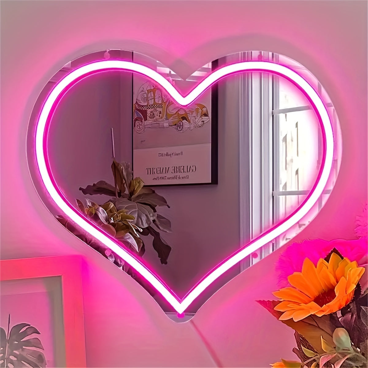 Pink Heart Neon Mirror: Wall-mounted, USB-powered plastic mirror with switch control for versatile use.