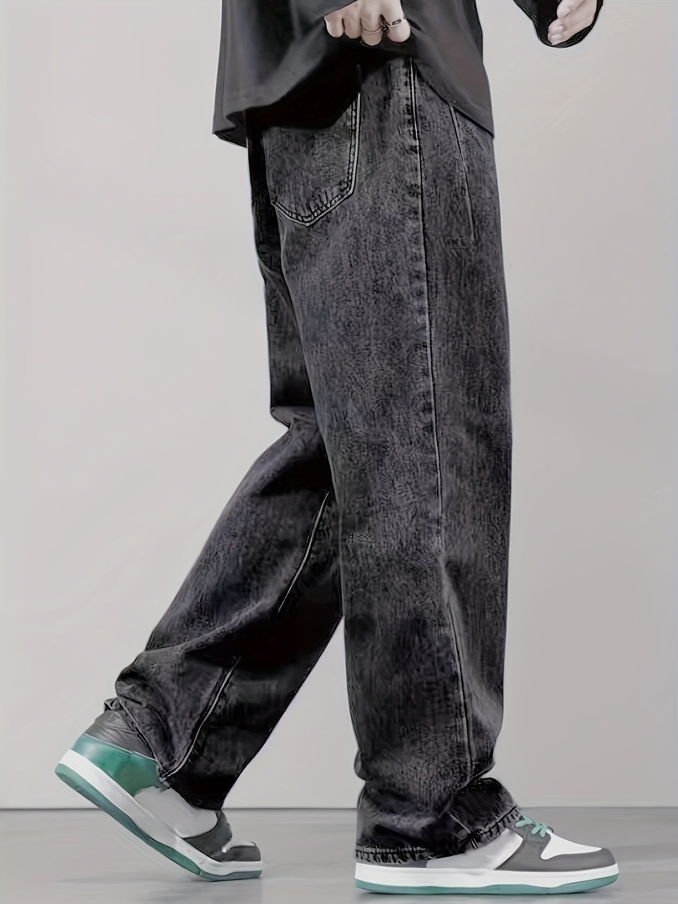 New men's denim long pants suitable for all seasons, featuring a black non-stretch regular loose fit with fold design on both sides of the front, crafted with washed denim for a stylish and