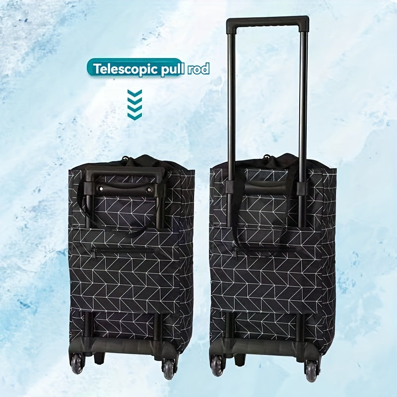 A durable metal frame trolley shopping cart with insulation layer, rolling plastic wheels, foldable and lightweight design for easy travel. Features drawstring closure, built-in pockets, and no electricity required.