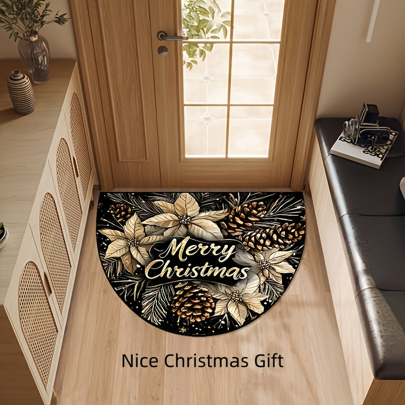 Get into the holiday spirit with our Christmas Cheer Semi-Circle Doormat featuring a festive Golden Pinecone & Jewelry Design. This non-slip, machine washable polyester rug is perfect for your living room, bedroom, game room, or cafe entrance. Add a