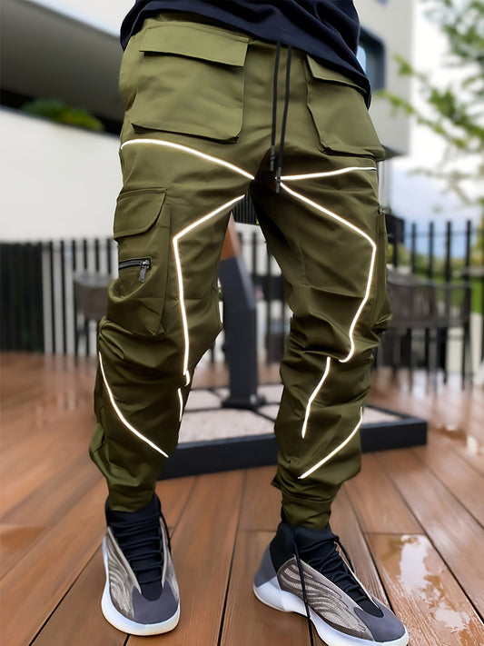 Men's loose straight cargo pants with multi pockets and reflective trend accents.