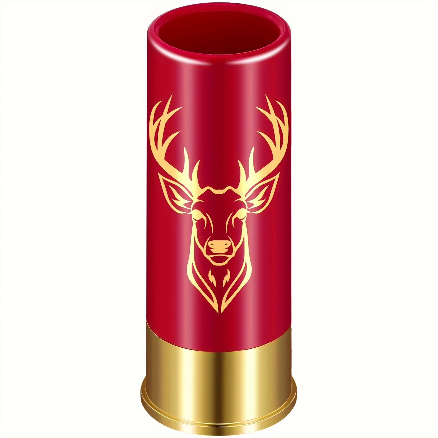 Set of 4 reusable plastic shot glasses with deer and skull designs and 12GA bullet shaped cups. Made of recyclable material, ideal for parties and gifting.