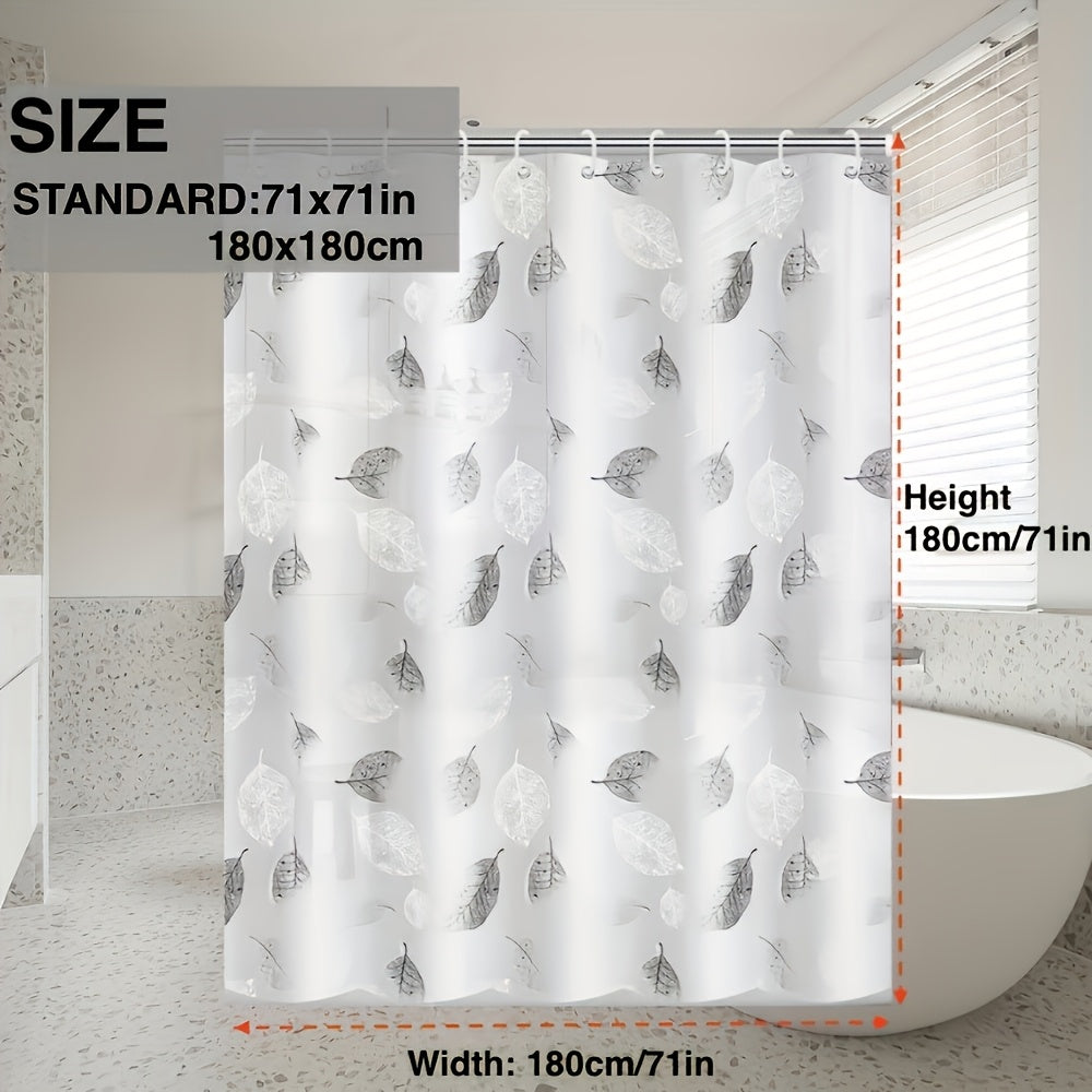 Waterproof shower curtain with leaf pattern and hooks. Easy to clean plastic, decorative bathroom accessory. Great holiday or New Year gift.