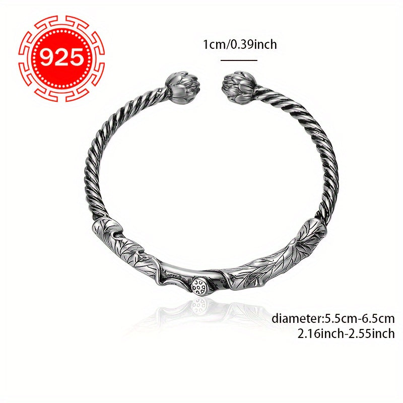 Unique Vintage Boho Style Cuff Bracelet in 925 Sterling Silver, Featuring an 18K Gold Plated Lotus Flower Design. This Open Bangle is Hypoallergenic and Adjustable, Perfect for Women. Great for Christmas and Other Special Occasion Gifts. Comes in