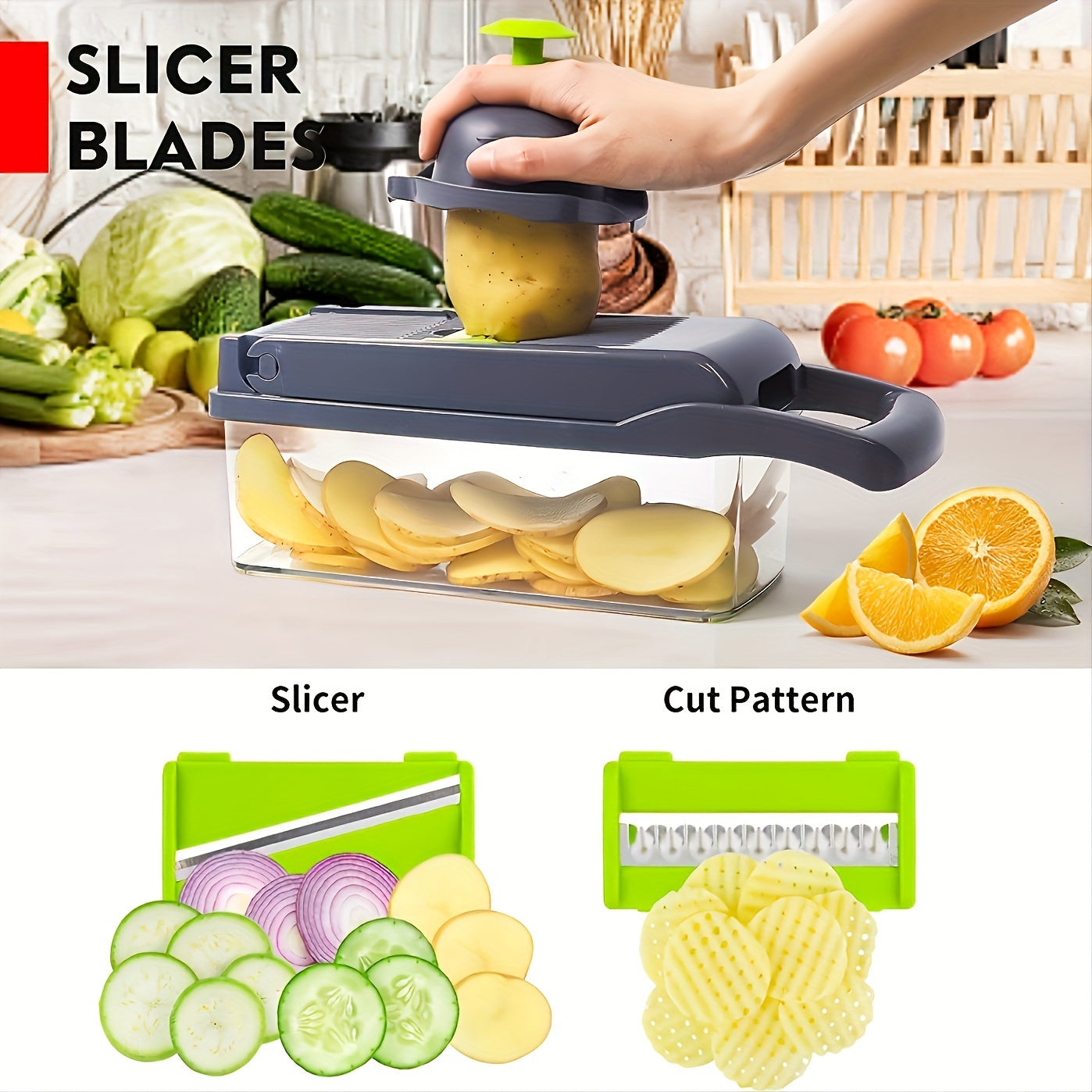 One kit containing a 13-in-1 Vegetable Chopper and Fruit Slicer with 8 blades and a container. This multifunctional manual tool can grate food, slice vegetables and fruits, mince onions, shred potatoes, and more. A must-have kitchen gadget for easy food