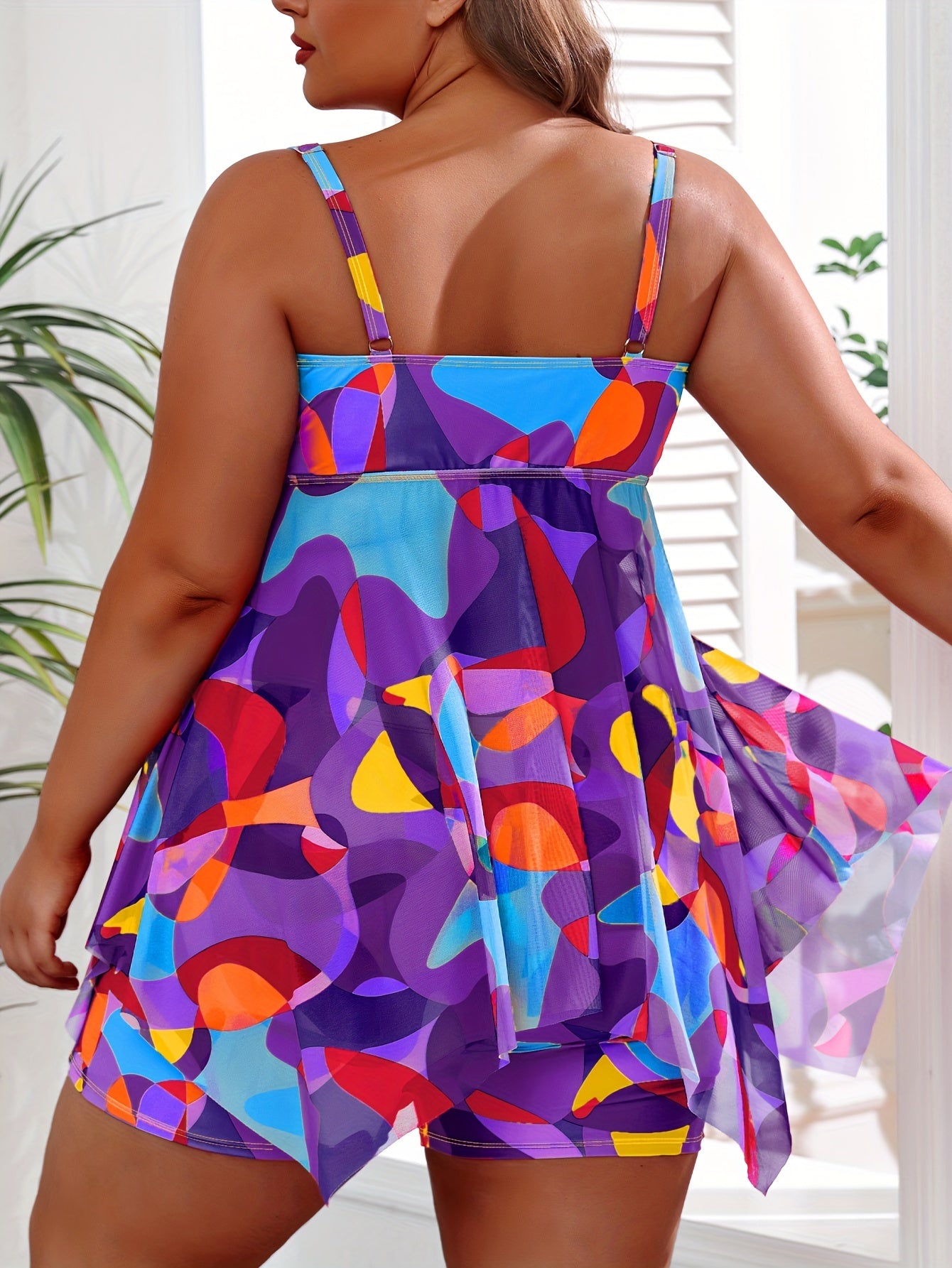 Large Size Swimsuit with Printed Mesh Splicing