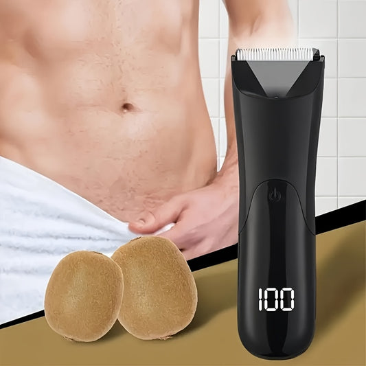 Men's electric trimmer with ceramic blade head, USB rechargeable, for grooming groin and body hair. Comes with 2 protective cover kits and can be used for beard, legs, chest, back, and