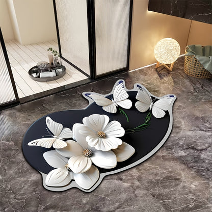 3D flower and butterfly pattern non-slip mat for bathroom, water-absorbent and quick-drying. Hand wash only, made of diatom mud material with rubber backing. Oval shape, machine made with