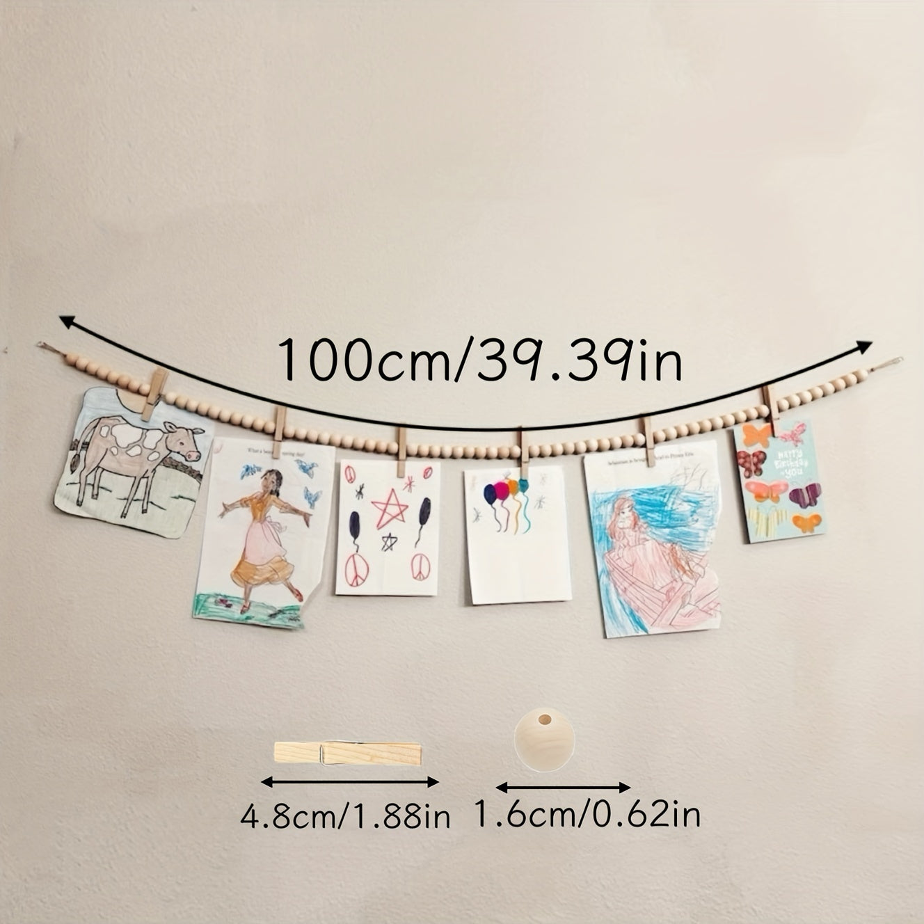 Wooden photo display stand with hanging wooden bead and clip, ideal for room or kindergarten decor and art display.