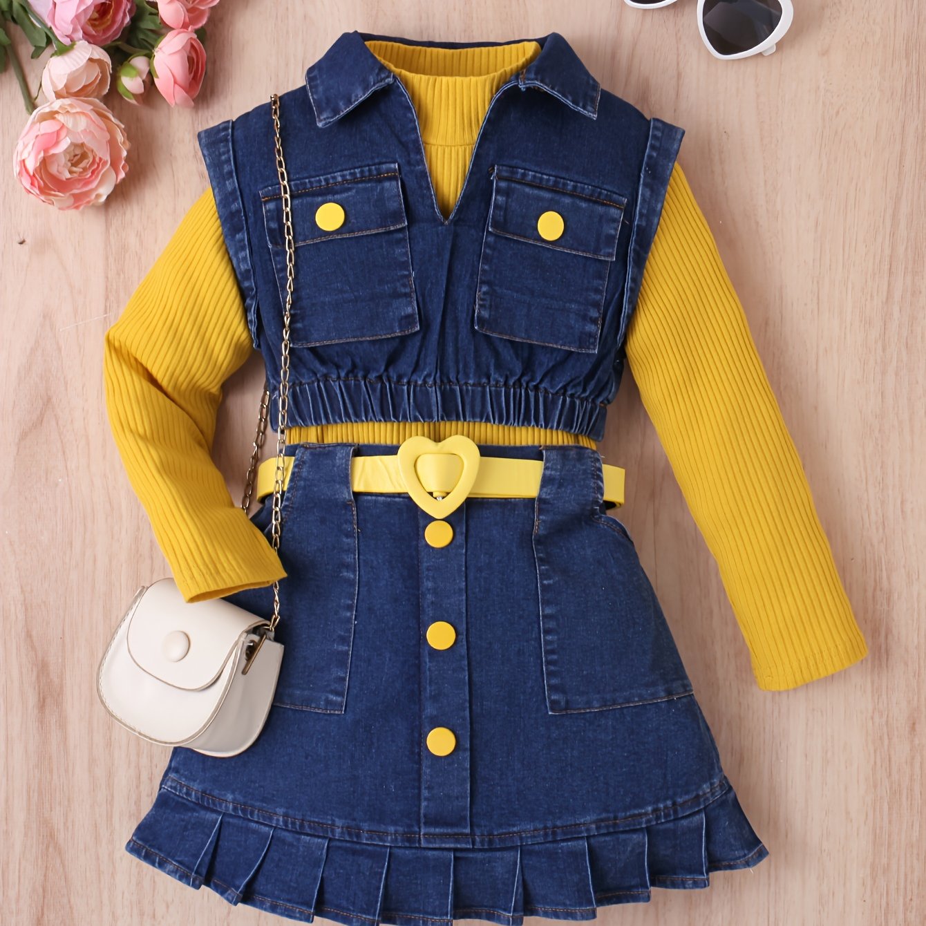 Girls' Fashion Casual Outfit Set: High neck long sleeve top with denim vest, knee-length pleated skirt with belt.