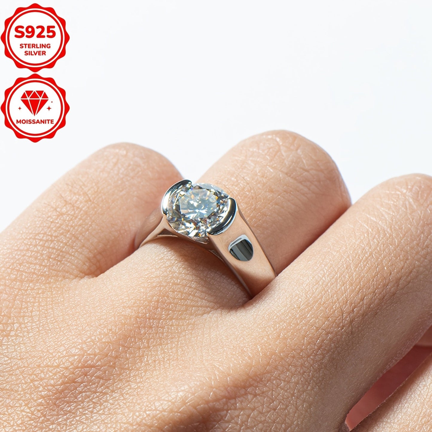 Stunning 2CT Round Moissanite Engagement Ring in Classic Style, Crafted from 925 Sterling Silver with 18K Golden Plating. Features a Synthetic April Birthstone in a Single Stone Setting, Perfect for Weddings, Vacations, and as a Valentine's Day Gift. A