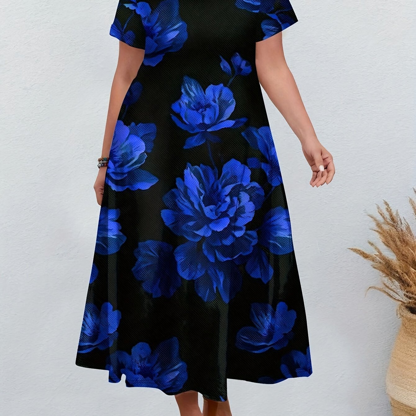 Blue Floral V-Neck Midi Dress for Women - Short sleeve A-Line dress with rose print, polyester blend, machine washable, suitable for casual or formal occasions, comfortable fit. Cute