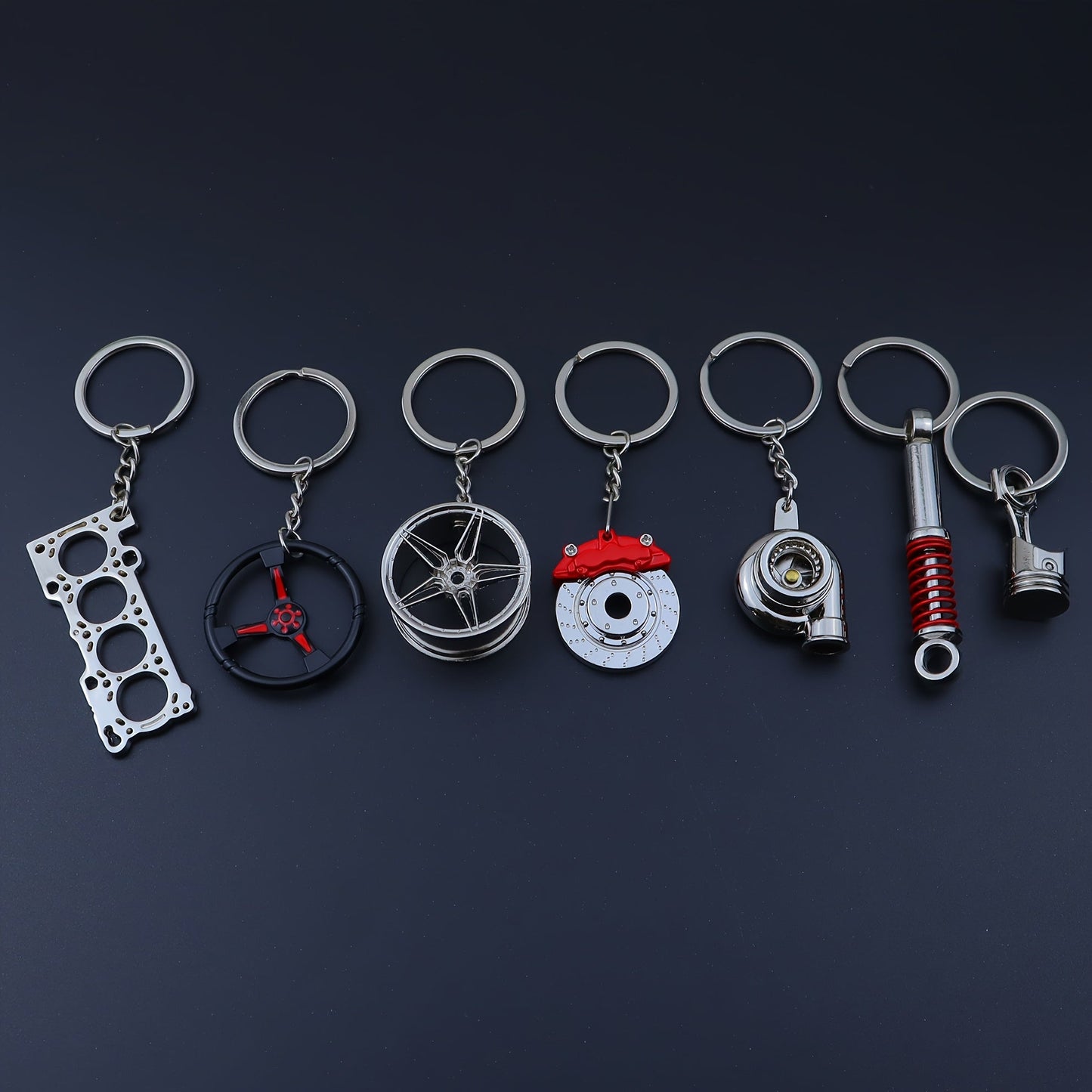 Set of 7 Car Enthusiast Keychains - Sleek Black Zinc Alloy, featuring Engine Block, Turbo, Wheel Hubs, and More - Ideal Gift for Guys