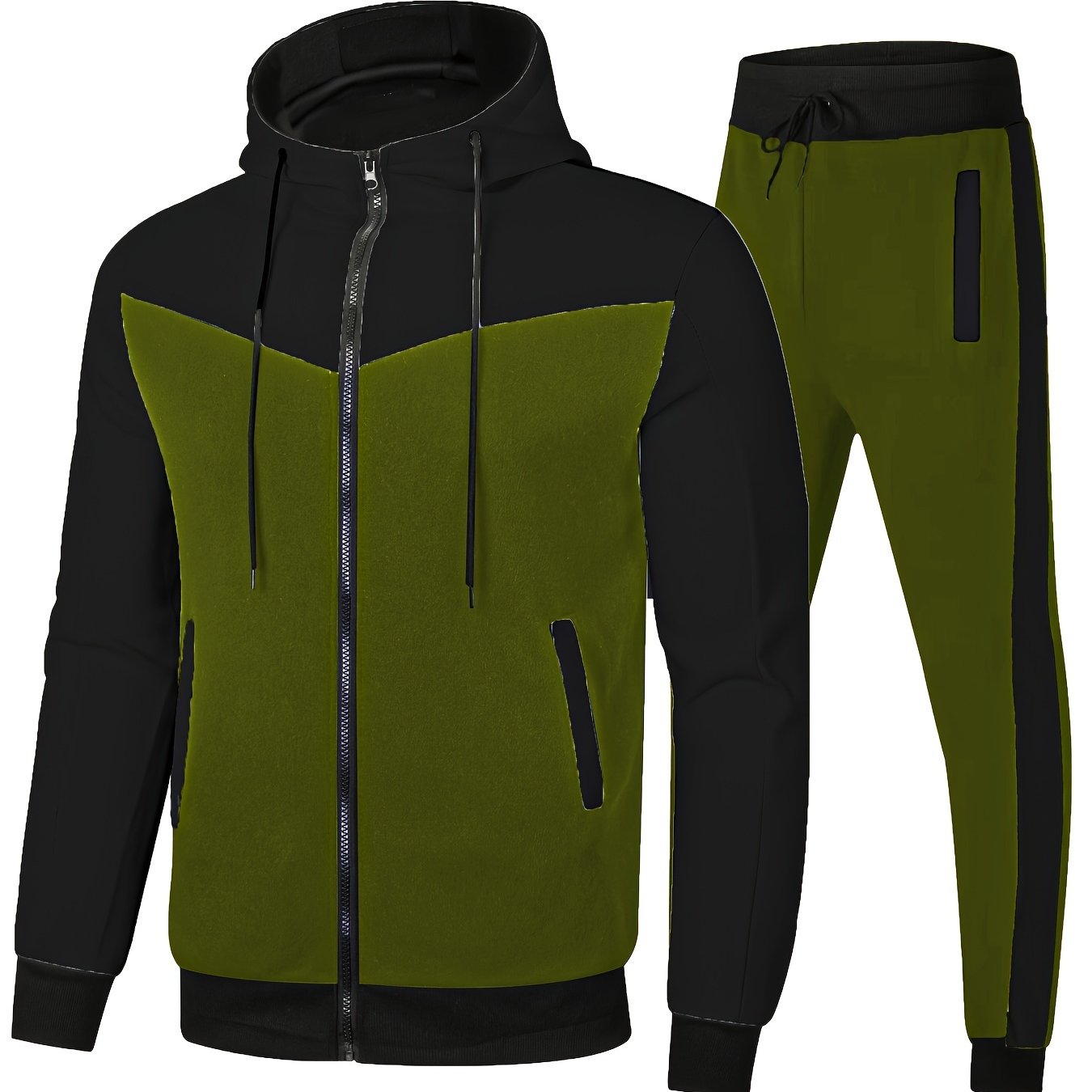 Men's athletic two-piece set: zip-up hoodie with drawstring waistband and matching joggers made of breathable polyester. Casual sportswear for spring and fall.