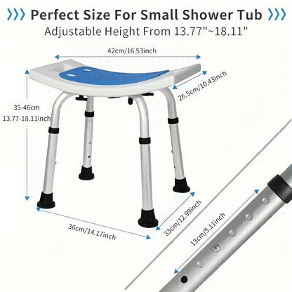 Adjustable shower chair for seniors/disabled with tool-free assembly and non-slip feet. Supports up to 158.76KG.