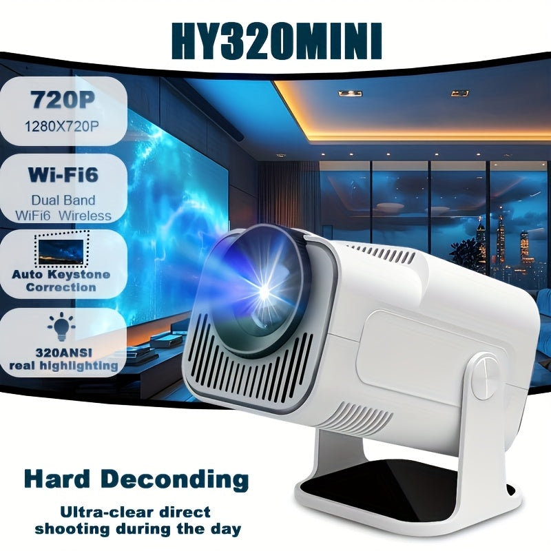 Compact Android 11 home projector with 720P resolution, Dual Band WiFi6, Wireless 5.0, 320ANSI brightness, Auto Keystone &180° rotation for portable cinema experience.