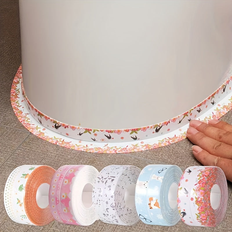 Self-adhesive waterproof seam tape with high-gloss finish and floral & butterfly patterns for bathrooms and kitchens. Mold & moisture resistant, ideal for sinks, toilets, and showers. Great for Halloween/Christmas gifts and bathroom decor.