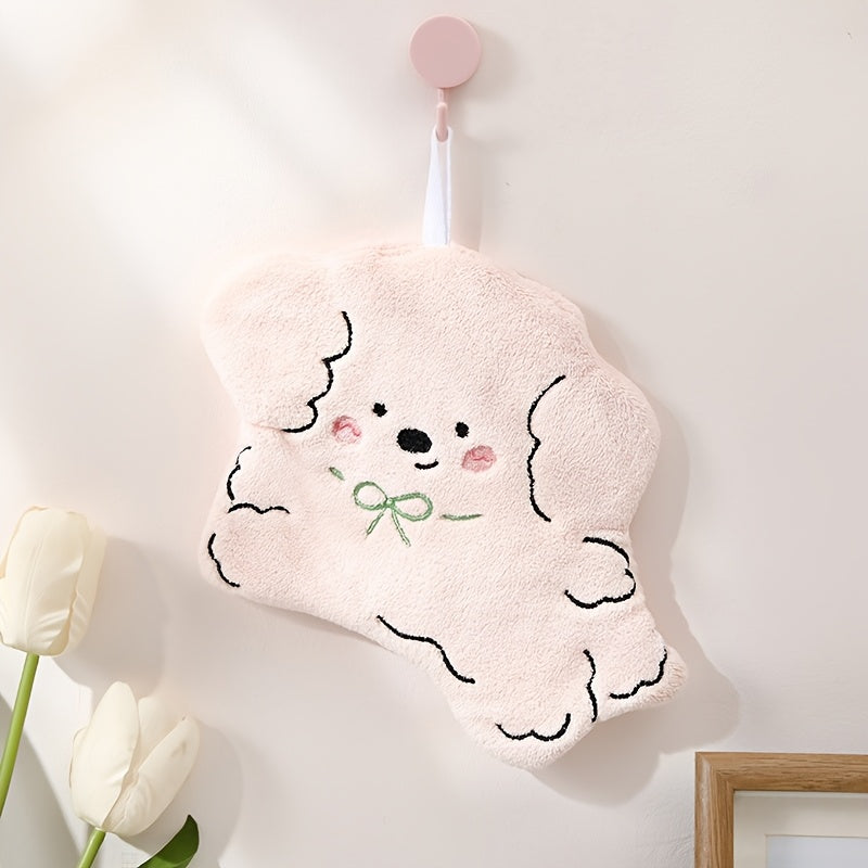 Cute cartoon dog hand towels made of modern coral fleece, 100% polyester. Set includes decorative animal designs on woven fabric. Suitable for bathroom and kitchen use, hand wash only. 300 GSM.