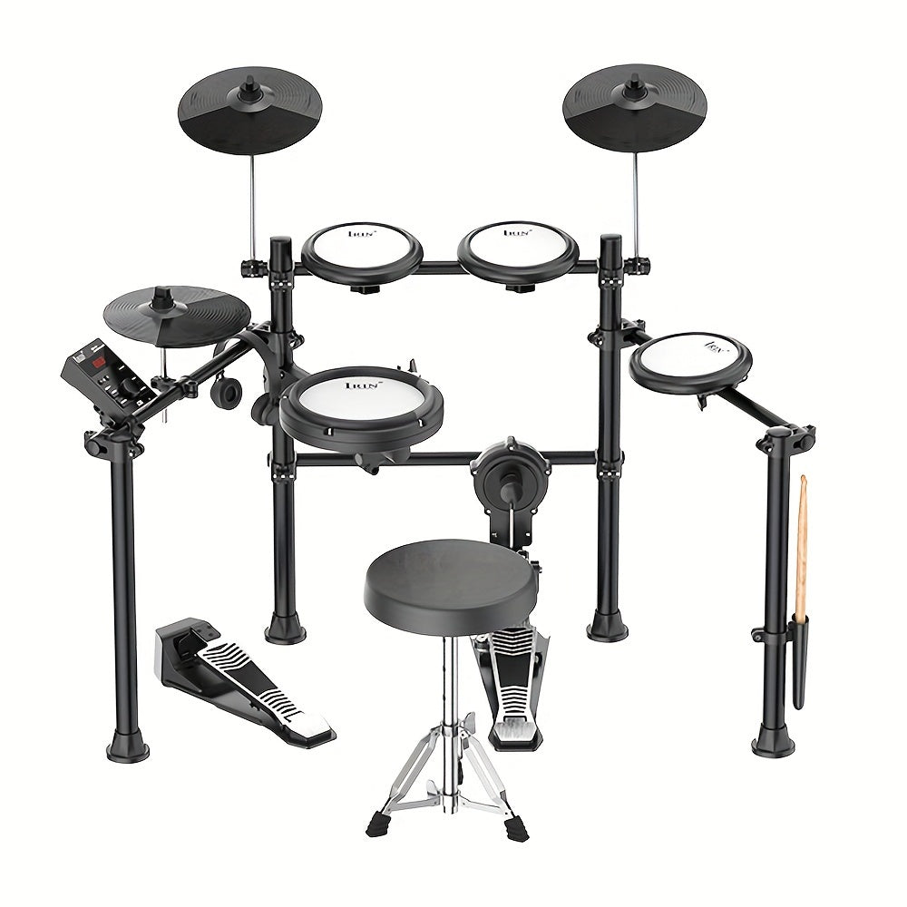 IRIN ND-16 Electronic Drum Set with Silicone Mesh includes 5 drums, 3 cymbals, bass drum, stool, headphones, power adapter, and installation guide. Hardwired with 36V or lower voltage.