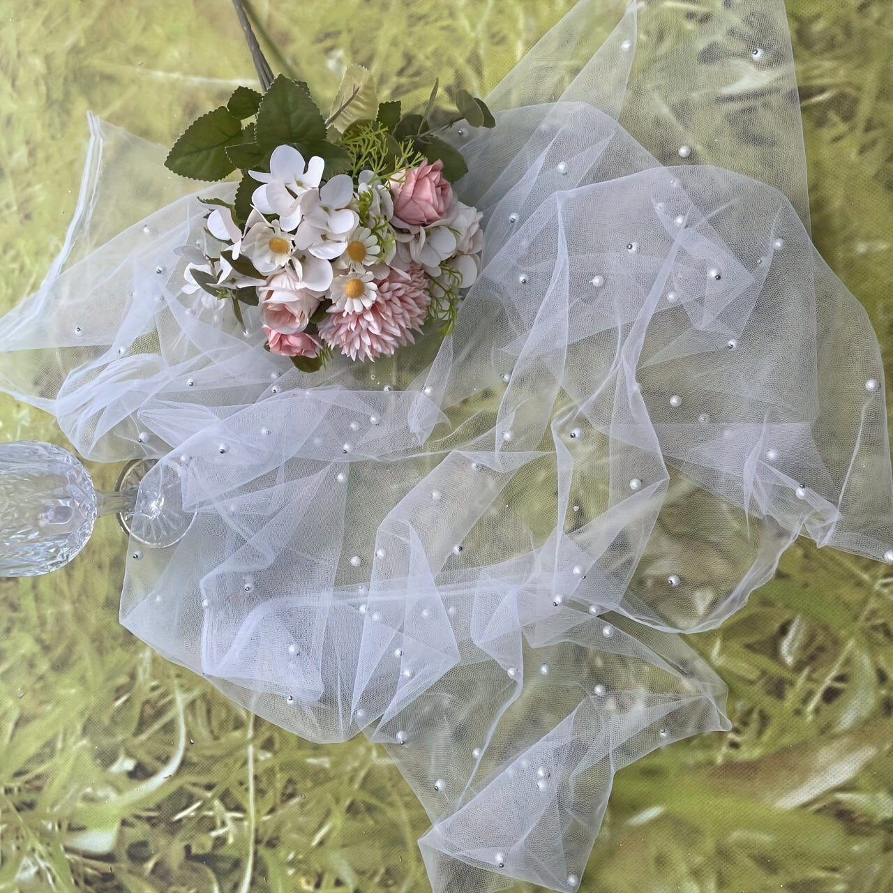 1 pc Pearl Table Runner for Wedding Arch Decor, Bridal Shower, and Event Decoration, featuring Romantic Pearl Lace embroidery on a Clear Wrinkle-Proof White Chiffon Tulle fabric.