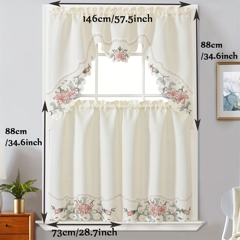 Enhance Your Home Decor with These Elegant 3-Piece Beige Floral Embroidered Polyester Window Curtains - Ideal for Bedroom, Living Room, Kitchen, and More!