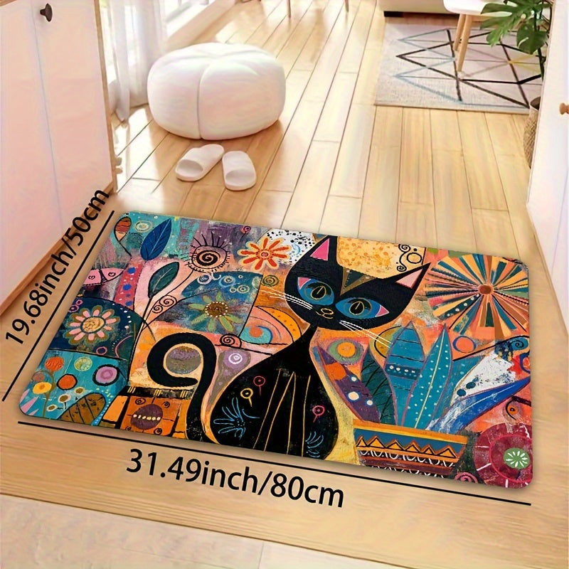 Abstract Art Cat Doormat - Easy to Clean in Washing Machine, Non-Slip PVC Backing, Made of Durable Polyester - Rectangle Mat for Bathroom, Kitchen, Living Room, or Bedroom - Stylish Entryway Decor Rug