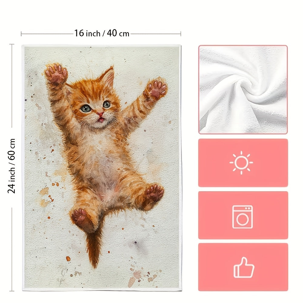 2 pieces of ultra soft kitchen towels featuring an adorable orange kitten learning to jump design. These highly absorbent and machine washable dish hand towels come in a contemporary style measuring 40.64x60.96 cm. Perfect for holiday decor, these dish