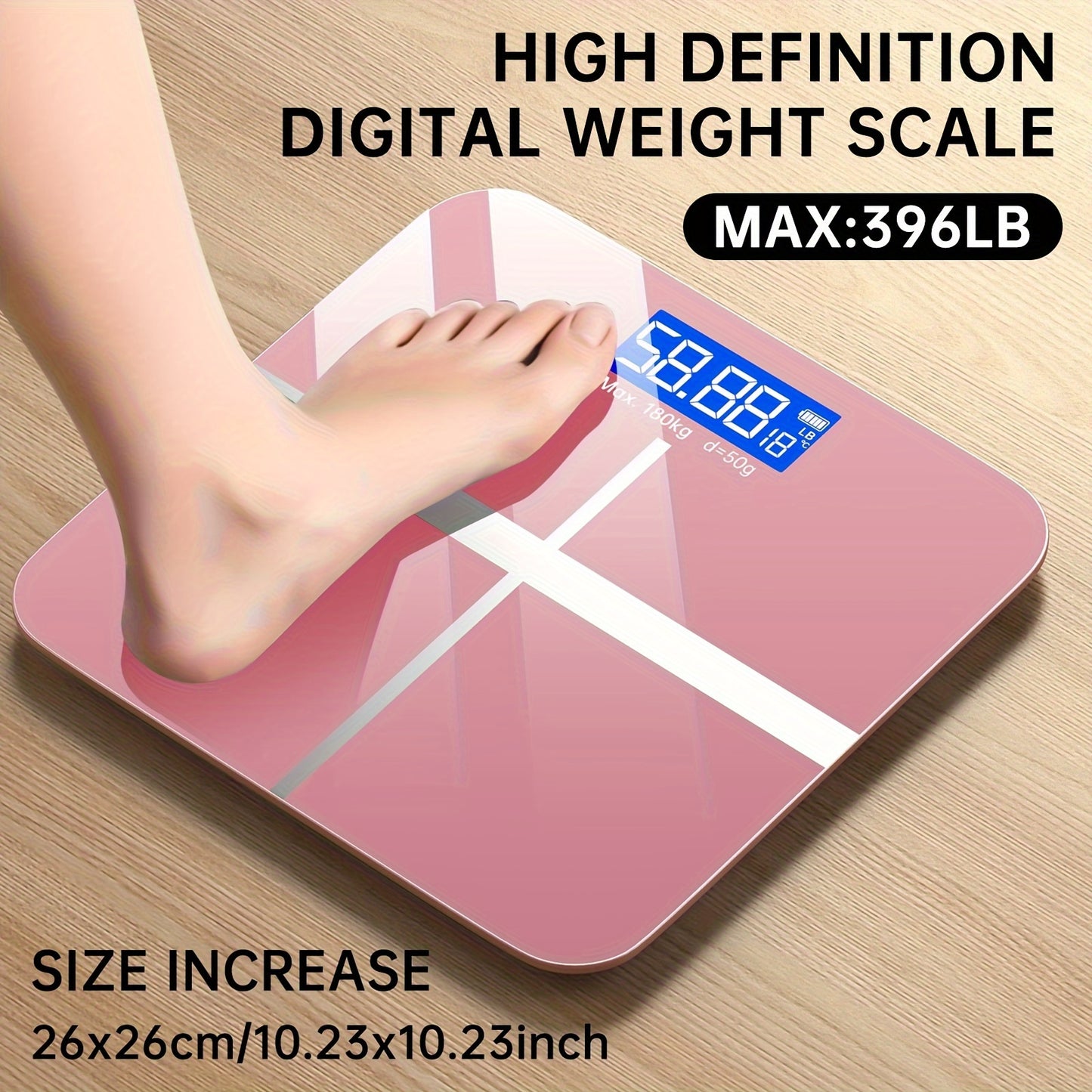 HD Digital Weight Scale with 179.62KG capacity and LED display. Includes non-rechargeable AAA battery and switchable KG/Pound feature. Plastic construction with ultra-wide platform. Battery