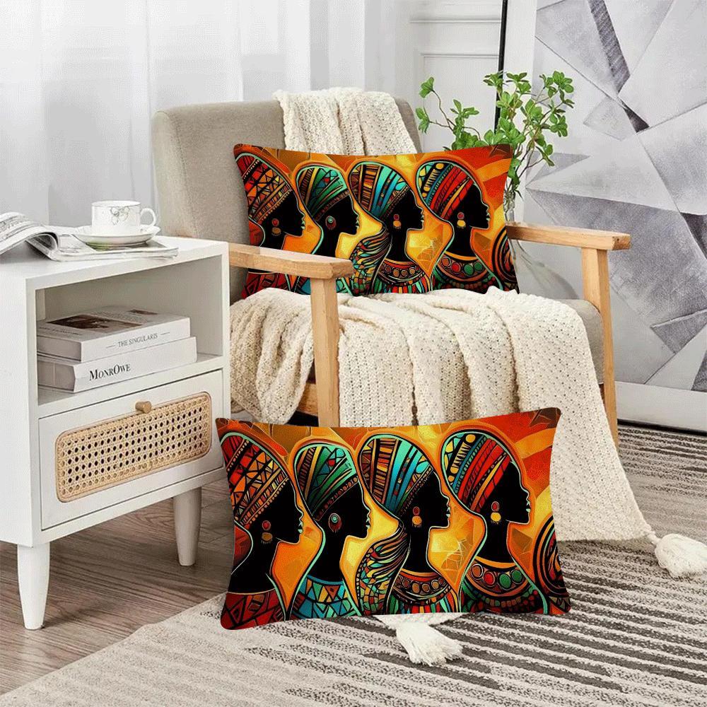 Two pieces of vintage African tribes abstract flannel cushion covers, measuring 50.8x30.48 cm. These covers are designed to be friendly for multi-position sleepers and are machine washable with a zipper closure. Ideal for use on the sofa, bed, or while