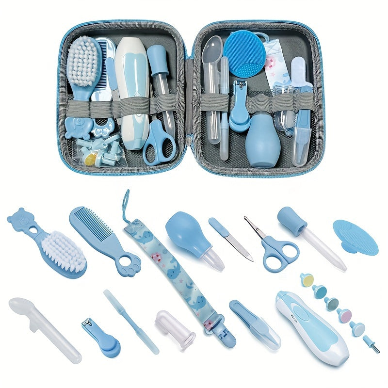 UNICHERRY 14-piece Kids Care Set: Compact Grooming & Safety Kit including Nail Clippers, Nasal Aspirator & Tongue Cleaner - Pink/Blue Silicone Essentials for Kids