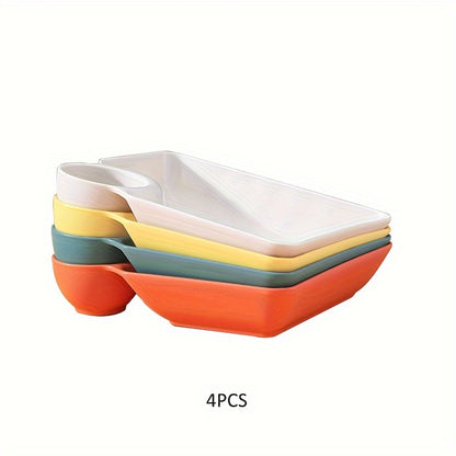 Set of 4 colorful serving platters made of durable, BPA-free PP material. Perfect for serving snacks, sushi, appetizers, and desserts with accompanying dipping sauce dishes. Ideal for charcuterie boards and holiday gatherings.