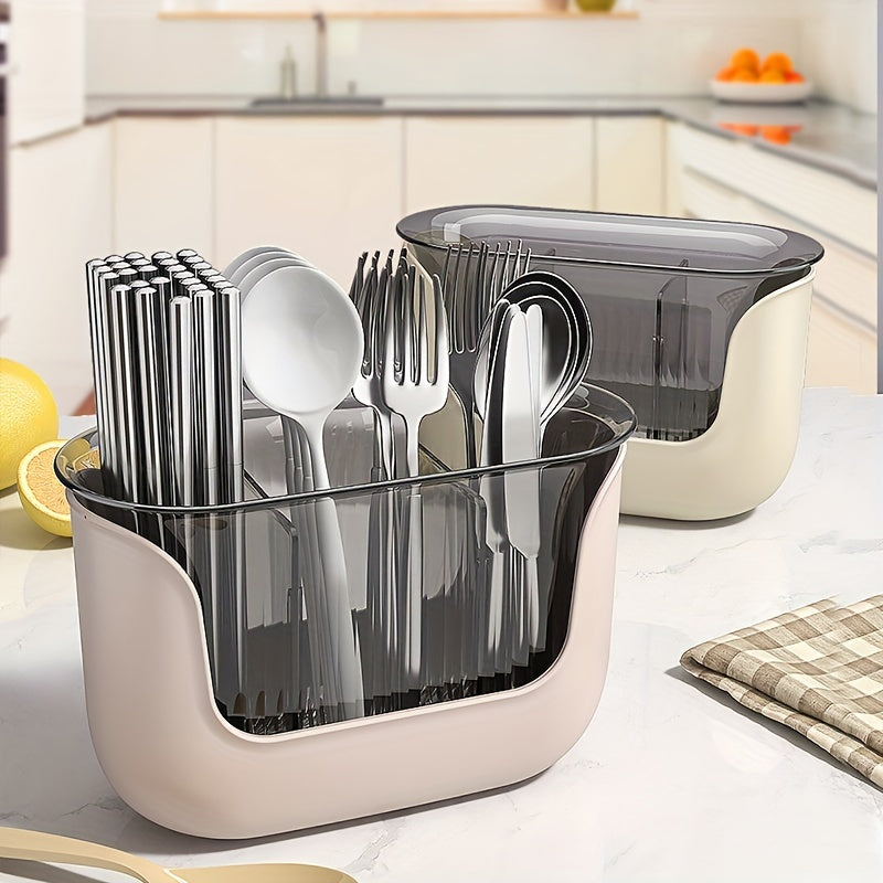 Tableware storage tube with drainage rack and divided cage for organizing tableware.