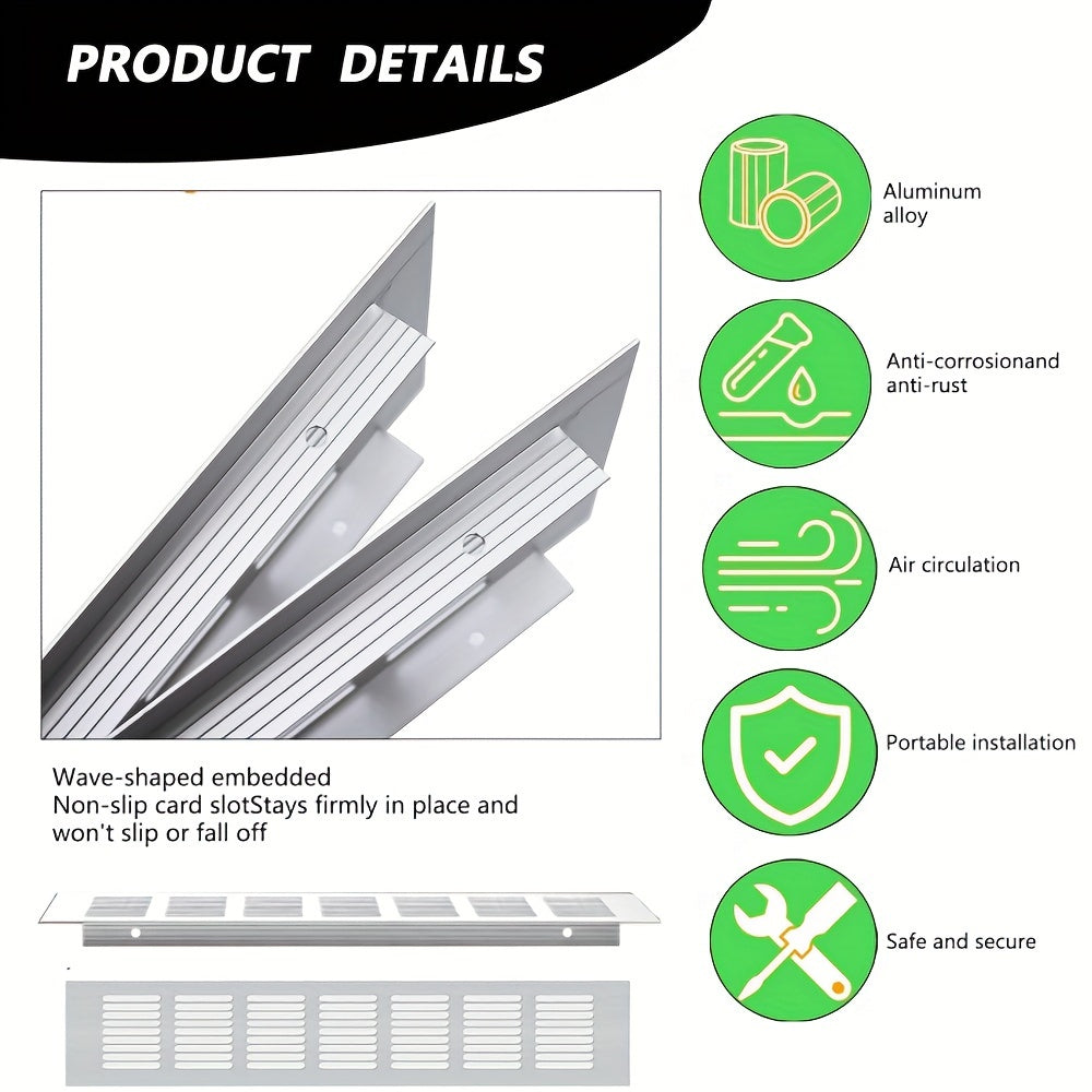 Two pieces of metal kitchen base ventilation grills made from aluminum alloy for cabinets and wardrobes. Each grill measures 300 x 80mm and comes with screws for easy installation on cooking appliances.