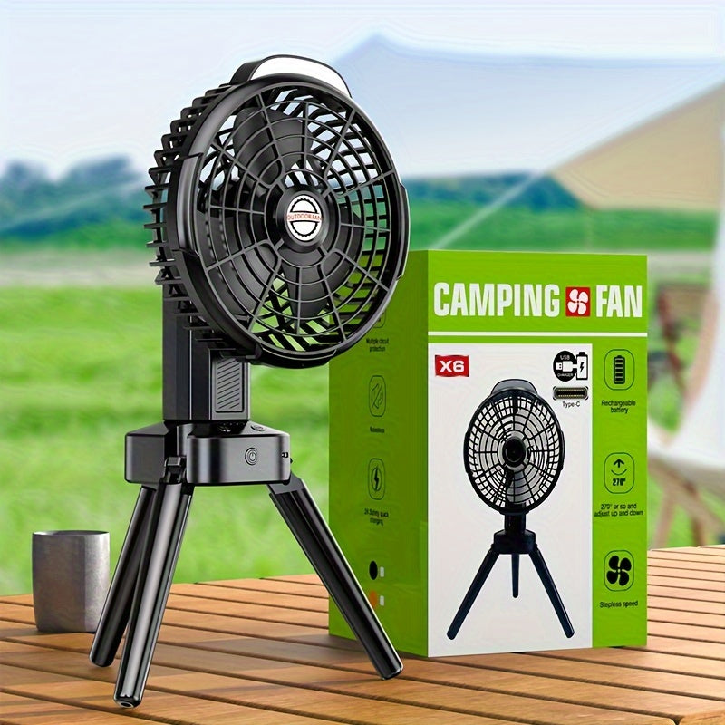 Compact and quiet portable camping fan with auto-oscillation, USB rechargeable and built-in battery for use at home, office, or outdoors.