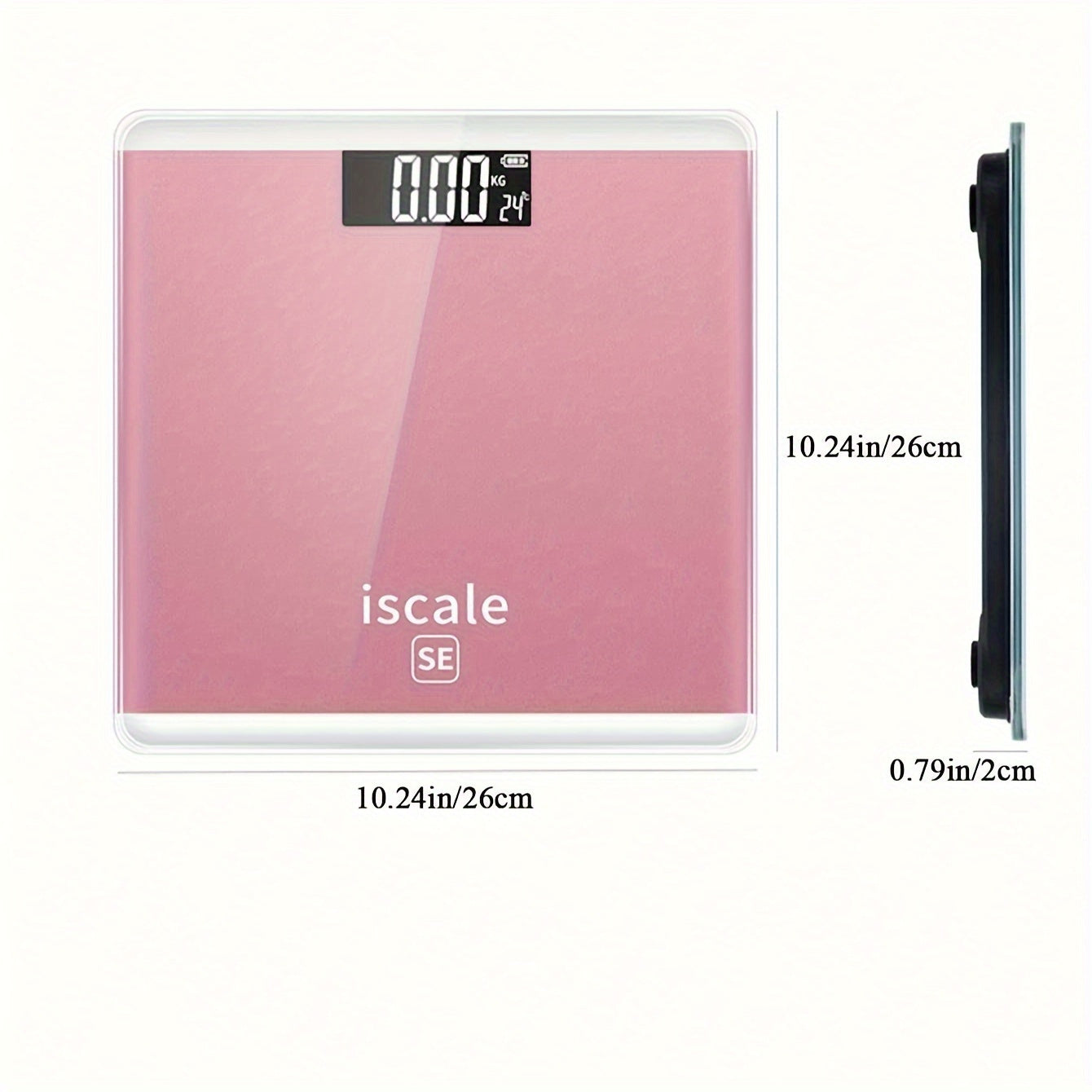 High precision digital body scale with tempered glass, temperature display, and battery operated. Batteries not included. Ideal for home health and fitness.