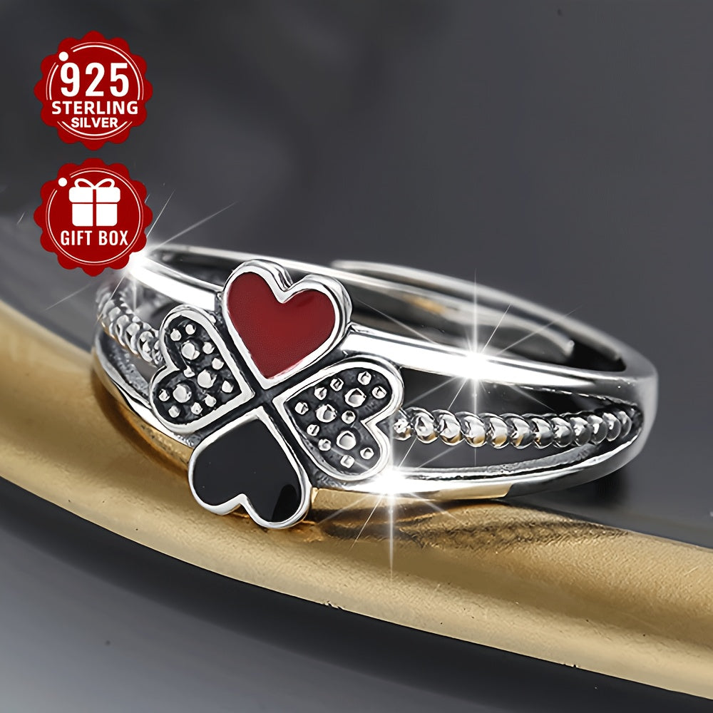 A chic and adaptable sterling silver ring for women featuring a modern enamel heart-shaped four-leaf clover design, perfect for adding flair to your travel and event outfits. Weighing approximately 2.3g, this ring is both practical and fashionable.