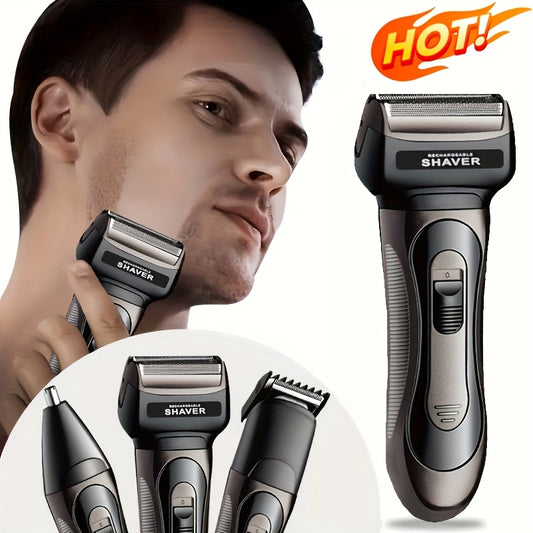 USB rechargeable electric shaver, nose hair trimmer, and hair clipper in one grooming kit. Includes 600mAh nickel battery and hypoallergenic precision blades. Made of durable ABS plastic.