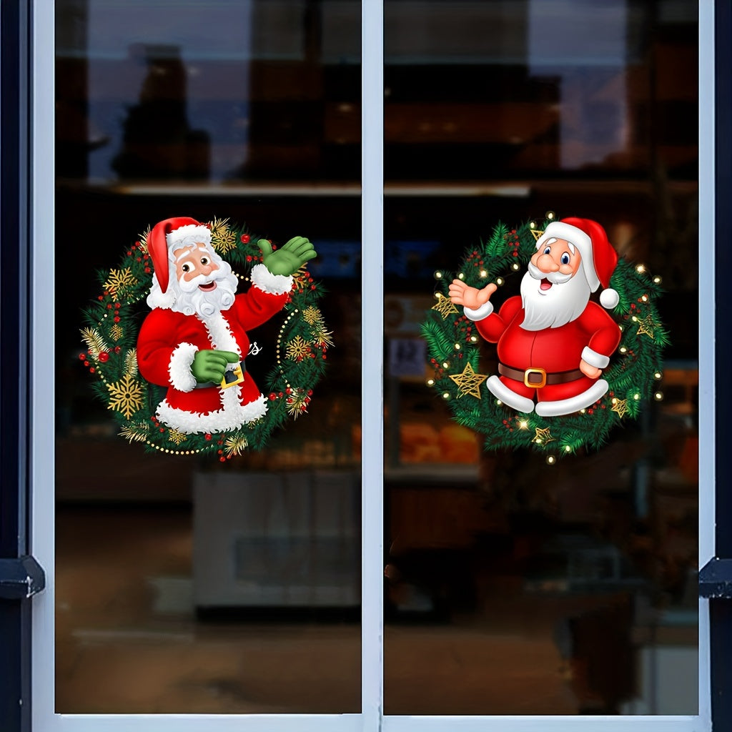 Two pieces of Christmas glass window stickers featuring Santa Claus patterns. These window clings are perfect for decorating bedrooms, living rooms, homes, shopping malls, and can be easily removed.